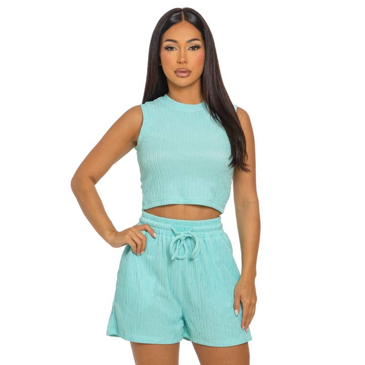 2pc Crinkle Textured Shorts Set for wholesale by omgstyles