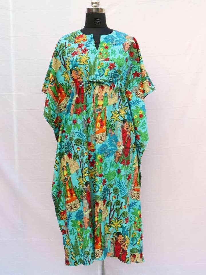 GYPSY STUDIO - Vendita all'ingrosso Caftano - Donna - Caftano da donna in cotone Frida Kahlo taglia grande abito maxi estivo