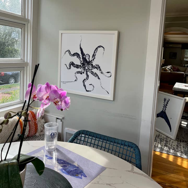 Octopus in Navy in White - White Framed Canvas Art for wholesale by Fish Aye Trading