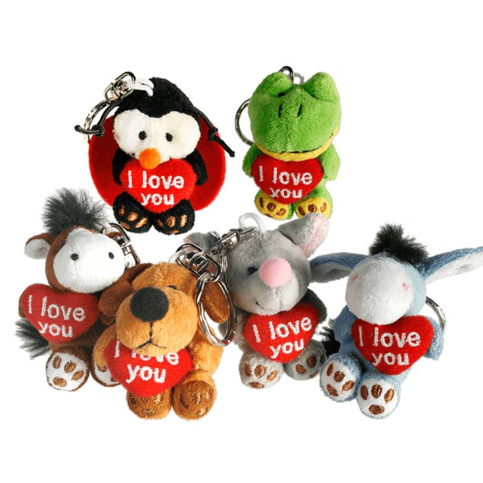 Portachiavi in metallo con animaletti di peluche e cuore rosso « I love you » per la vendita all'ingrosso da parte di Out of the blue KG