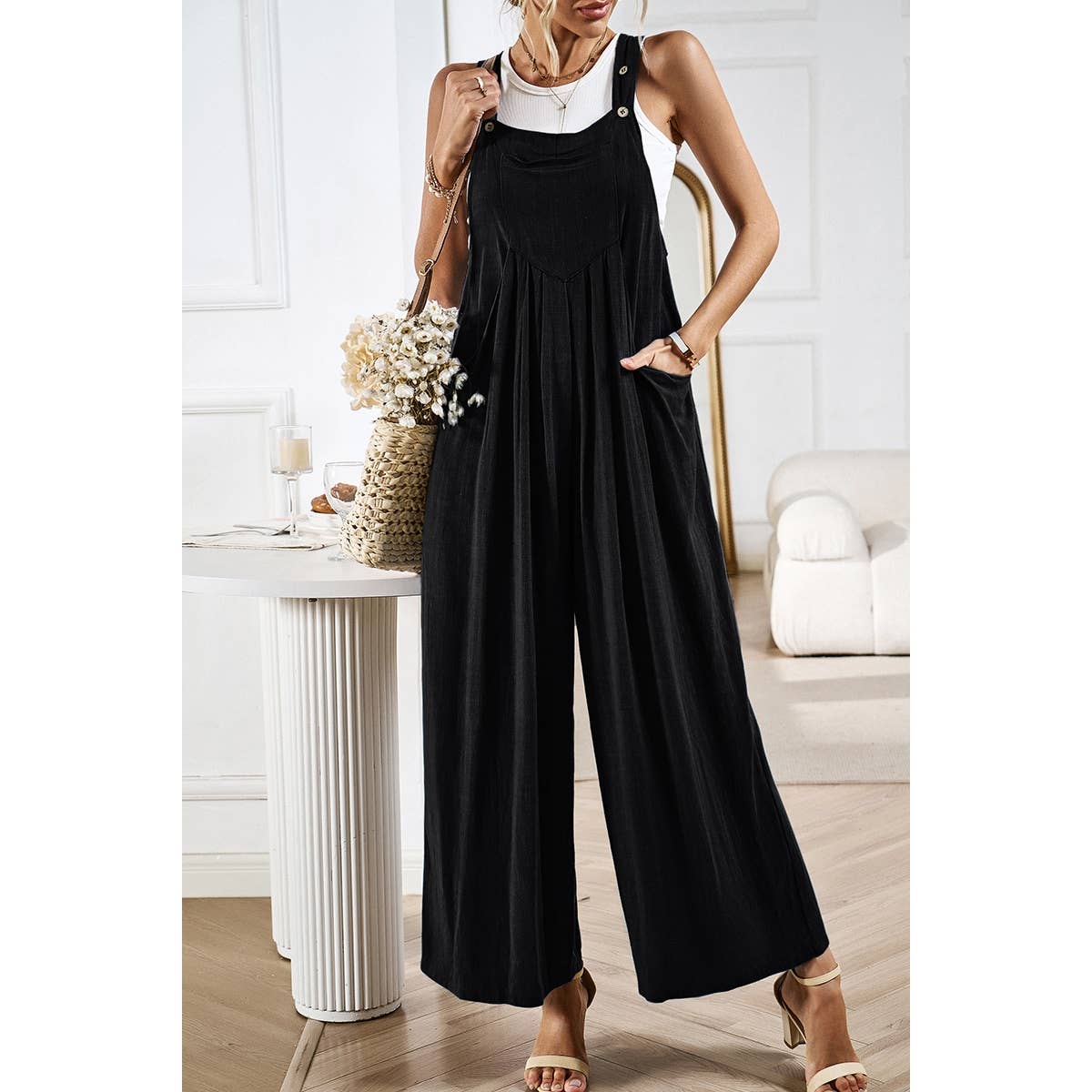 Supreme Fashion - Wholesale Overalls - Women's - Button Detail Wide Leg Overall Pockets Jumpsuit2