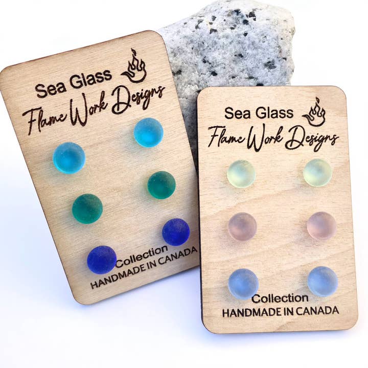 Sea Glass Earring Set, 3 Pairs of Studs for wholesale by Flame Work Designs - Glass Jewelry