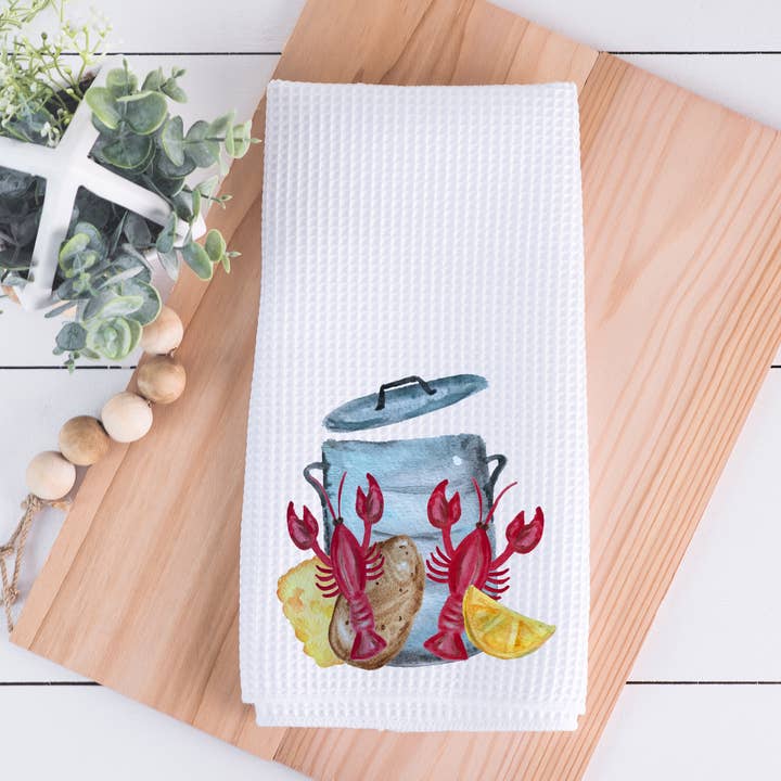 Painted Skies - Wholesale Tea Towel - Crawfish Boil Pot Watercolor Kitchen Dish Towel0
