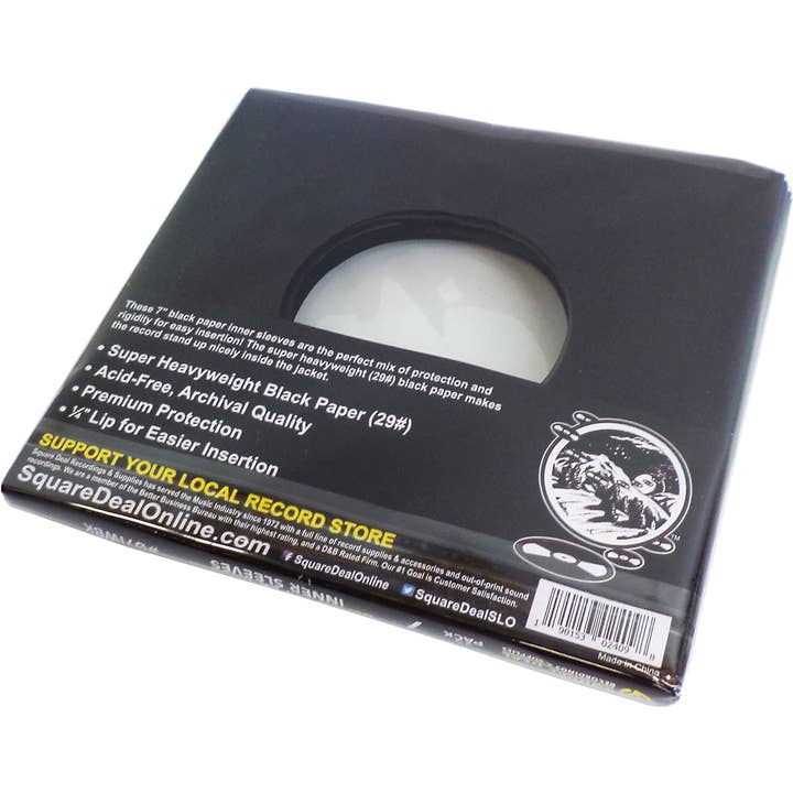 Square Deal Recordings & Supplies - Wholesale Music accessory - 7" Black Record Inner Sleeves - Super Heavyweight - W/ Hole1