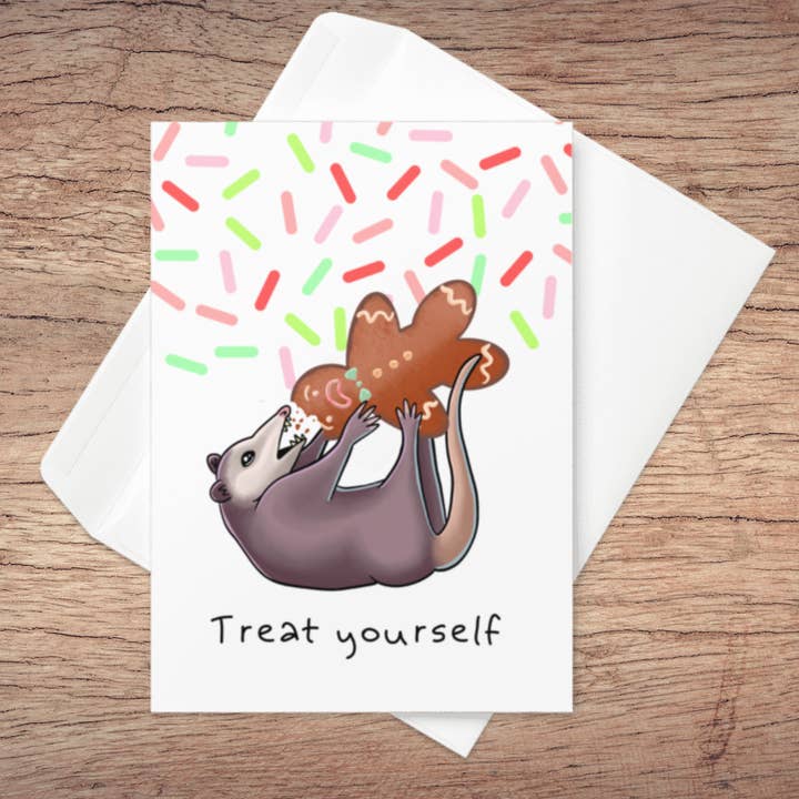 Holiday Treat Yourself Greeting Card - Blank for wholesale by Angry Gato Designs