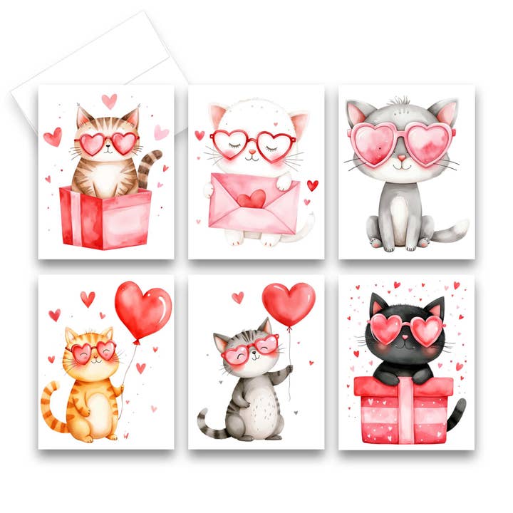 Assorted Cats Greeting Cards, Set of 6, Valentine Cards for wholesale by Aria Rae