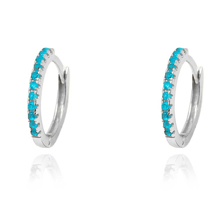 Dorval Turquoise CZ Silver Hoop Huggies Earrings for wholesale by Boho Betty