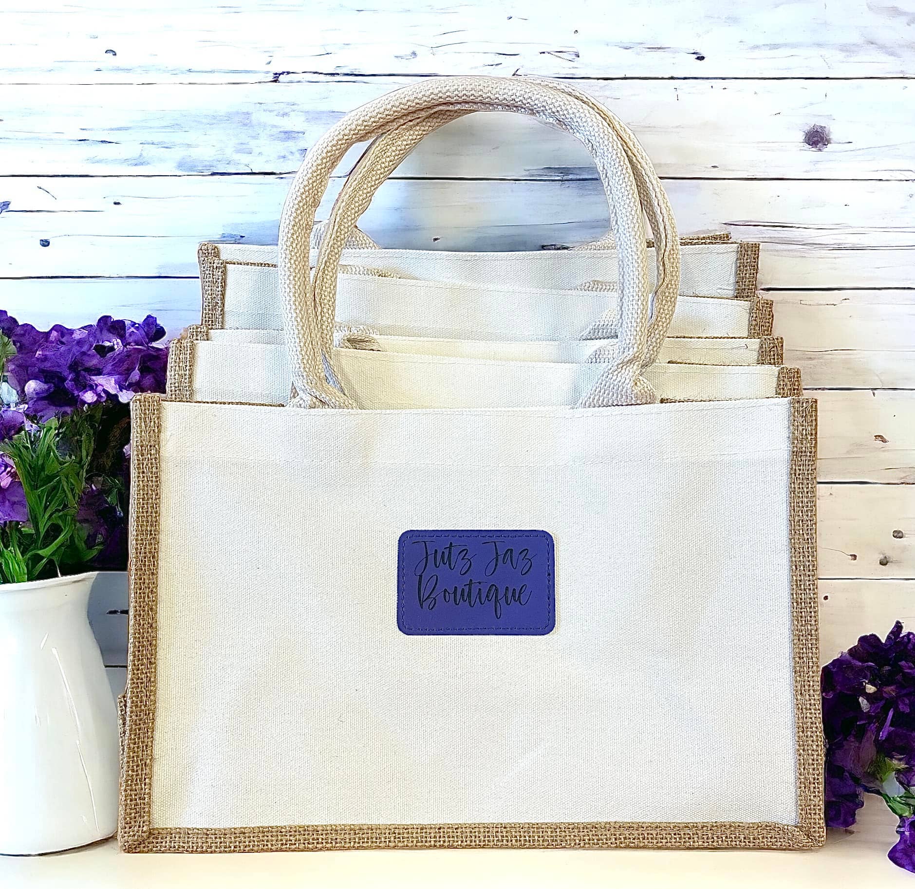 Lasting Impressions CT - Venta al por mayor Bolsa de asa- Mujer - Bolsa de arpillera personalizada con parche de cuero sintético5