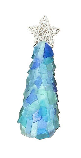 A SEAGLASS CREATION/SALTY SIGNS DESIGNS – Decoração de Natal por atacado – Árvore de Natal de Vidro do Mar de 15 cm com Estrela de Vime e luzes3
