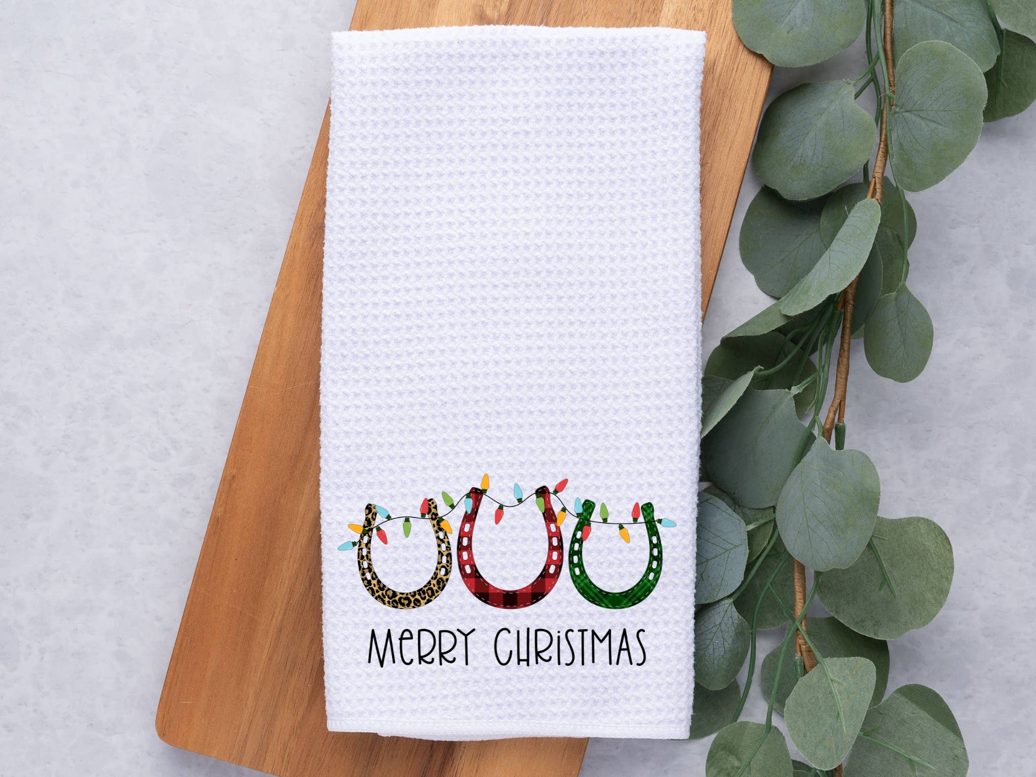 Dark Horse Dream Designs LLC - Wholesale Tea towel - Merry Christmas Horse Shoes - Equine Kitchen / Hand Towel
