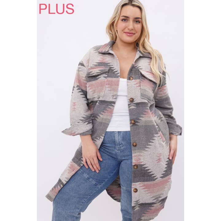 Sweet Generis – Großhandel Hemdjacke/Shacket – Damen – PLUS LANGE TRIBAL AZTEKEN BUTTON-DOWN-HEMD-JACKEN-SCHÄKEL