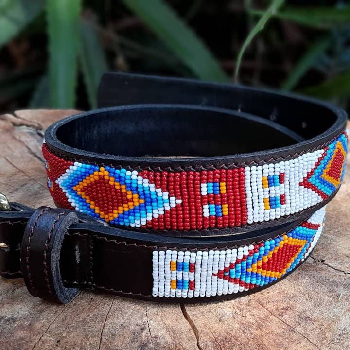 AZTEC RED: Handmade Maasai Beaded Leather Belt – African Tribal Artisan Belt for Men and Women – Boho Casual Ethnic Style for wholesale by MAASAI CHIEF