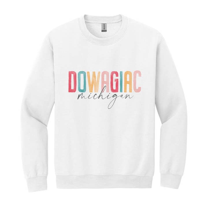 white Gildan Sweatshirt White-Watercolor City Dowagiac Michigan for wholesale on Faire