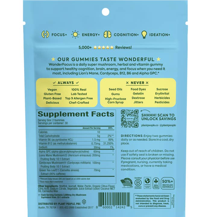 Plant People - Venta al por mayor Suplementos/vitaminas para beber - WonderFocus - Gominolas Super Mushroom1