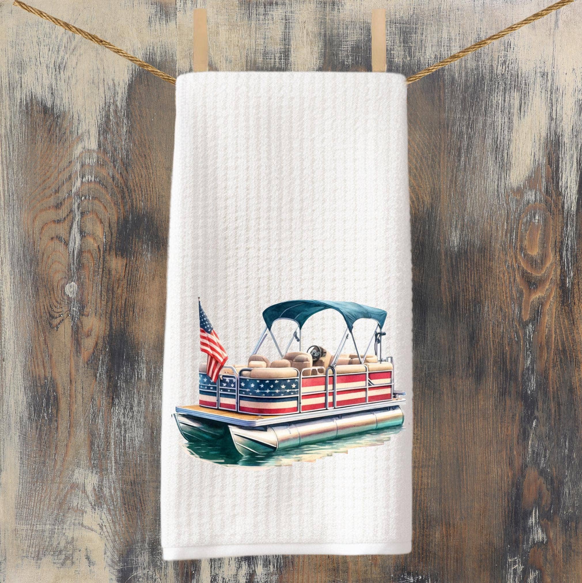 Cottage & Club - Wholesale Tea Towel - Preppy Patriotic Tea Towel Set | Red, White & Blue American Decor | 4th of July Decorations  Pontoon Boat Custom Name Kitchen Decor Gift2