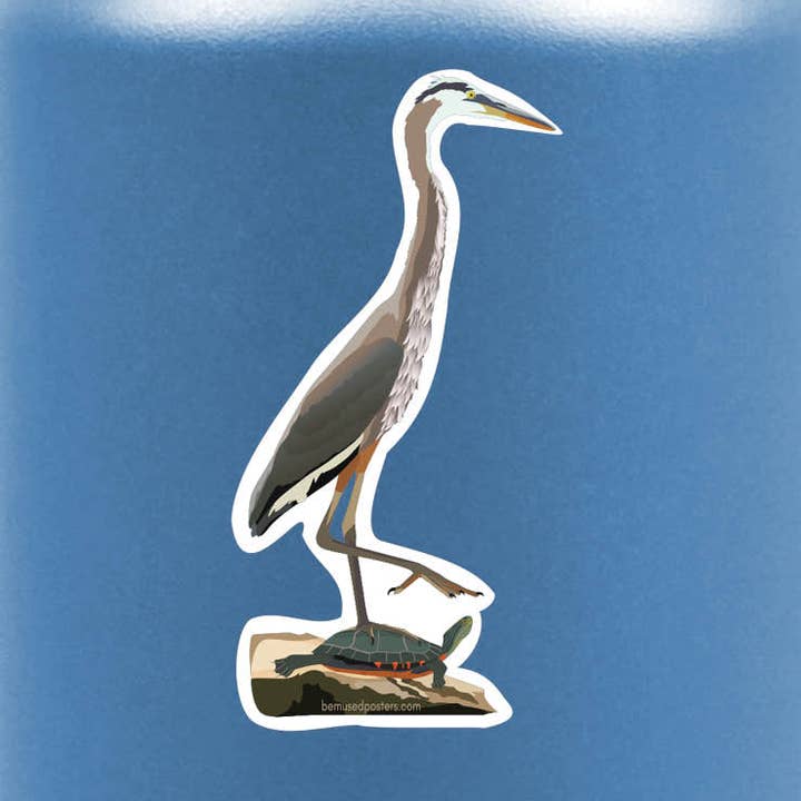 Turtle Surfing Heron Sticker for wholesale by Bemused Creative