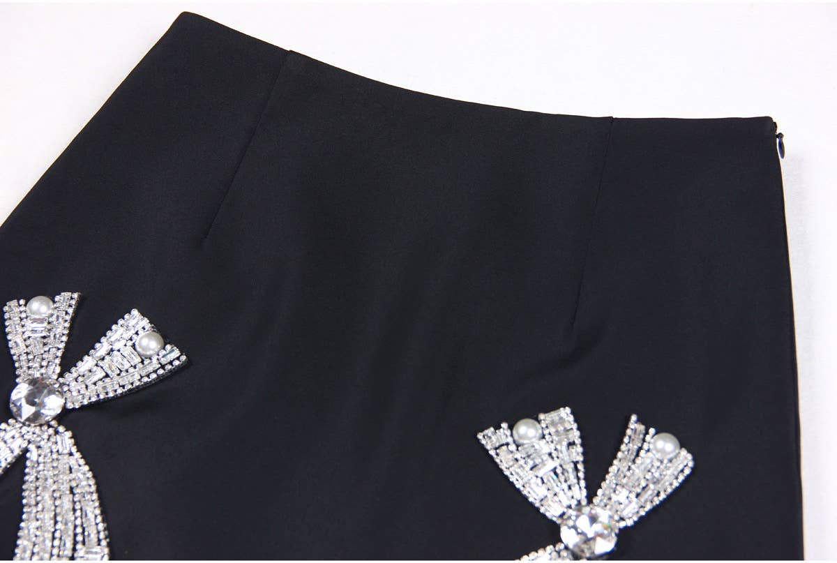 Negro SET073 Elegante conjunto de traje y falda con lazo con diamantes de imitación de venta al por mayor en Faire8