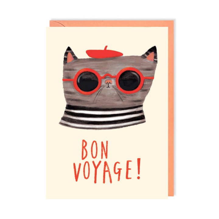 Bon Voyage Cat Leaving Greeting Card for wholesale by Charley Rabbit Cards