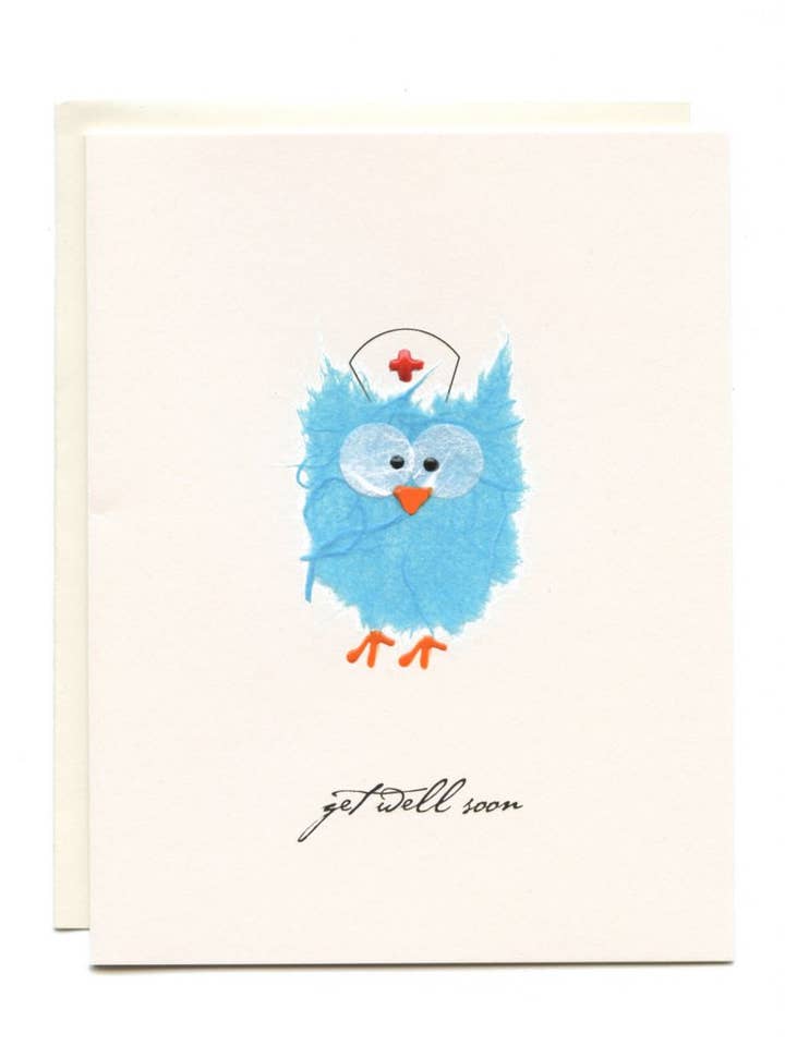 « Get Well Soon » Hibou avec chapeau d'infirmière pour la vente par FLAUNT HANDMADE CORRESPONDENCES