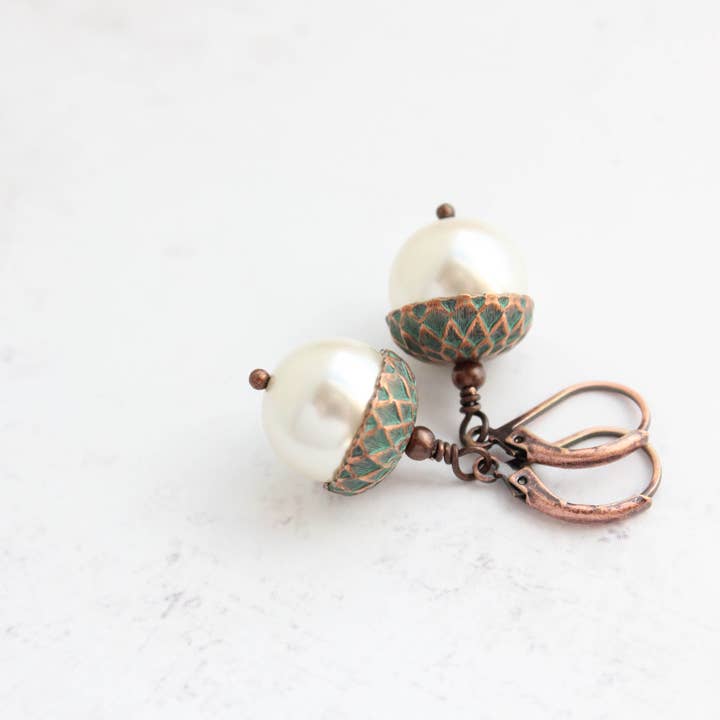 A Pocket of Posies - Wholesale Dangle Earrings - Pearl Acorn EARRINGS | Blush Mint Copper Patina1