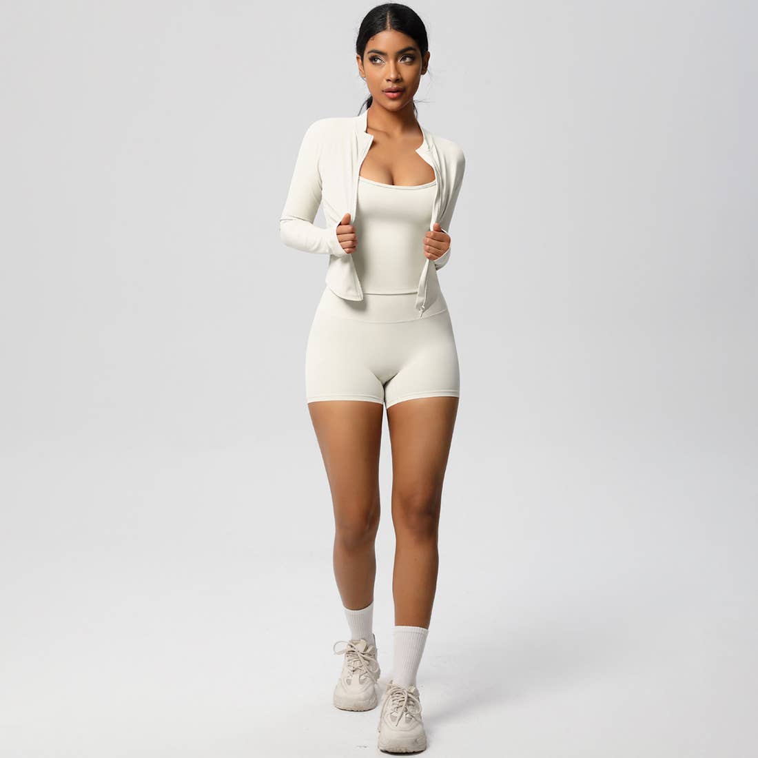 Sodalemon – Conjunto de desporto – Mulher por atacado – Conjunto feminino de yoga justo: top esportivo com interior escovado, jaqueta com zíper e shorts25