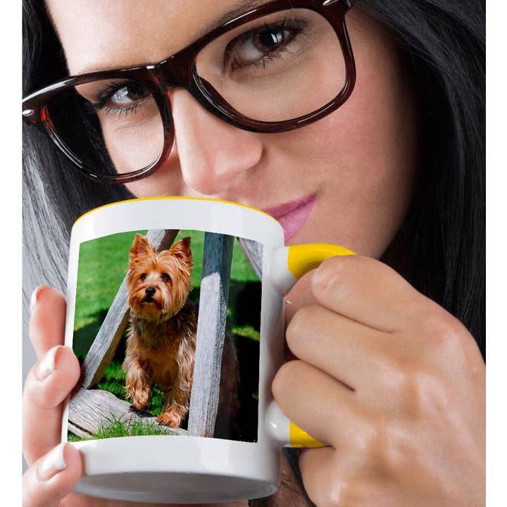 3dRose - Wholesale Coffee Mug - 3dRose, Yorkshire Terrier standing in a wagon wheel, Mug1