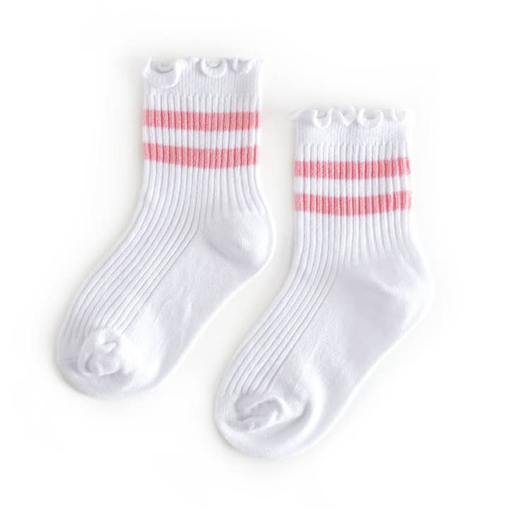 Ribbed Lettuce Trim Midi Socks - White/Blossom Stripe for wholesale by Little Stocking Co.