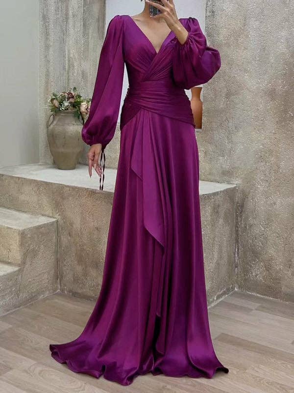 FurDecoration - Wholesale Gown - Women's - Look-Thin Pleated Solid Color V-Cut Long Sleeves Maxi Dresses5