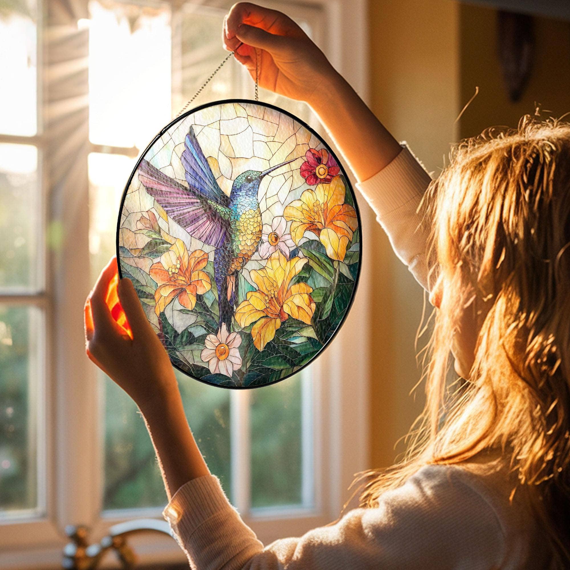 TMLECOM LTD – wholesale Suncatcher – Hummingbird Glass Suncatcher, ,Bird With Flower Window Decor2