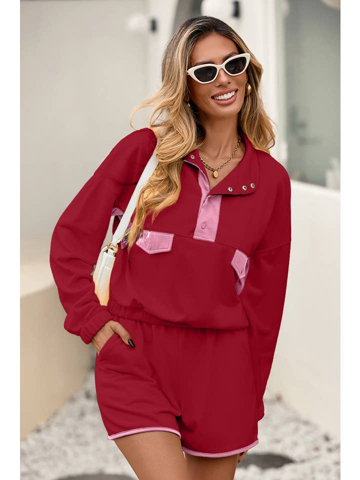 Little Daisy Closet - Wholesale Lounge Set - Women's - LDC Colorblock Half Button Pullover and Shorts 2pcs Outfit7