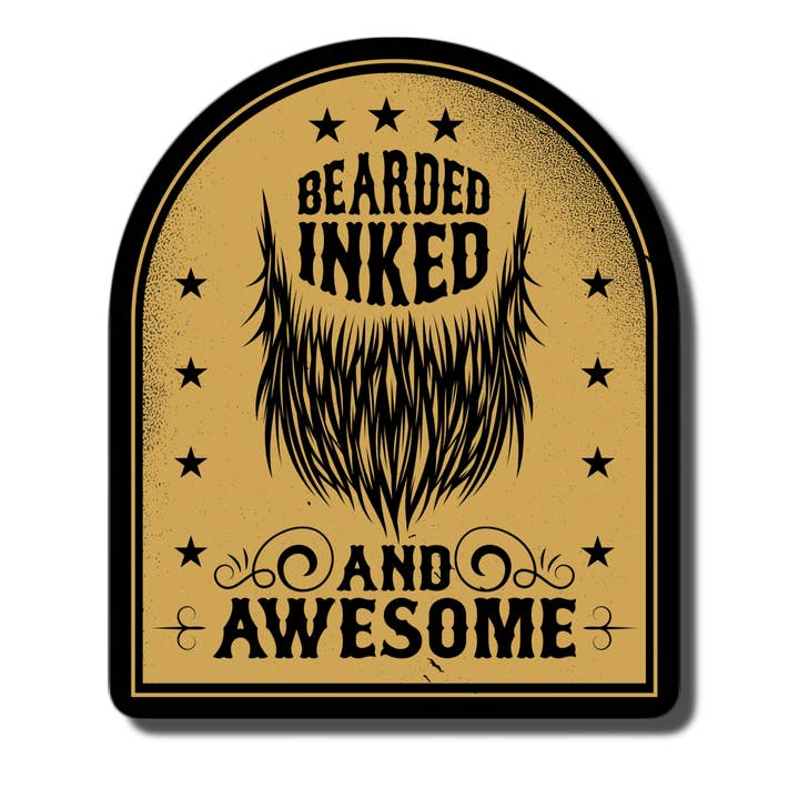 Bearded Inked and Awesome Waterproof Sticker for wholesale by Lyrical River Designs