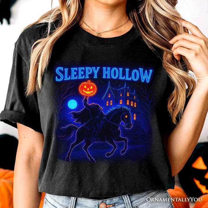 Black “Sleepy Hollow Headless Horseman T-Shirt, Neon Effect Hallow for wholesale on Faire1
