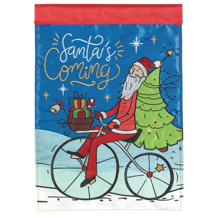 😲 Santa on Bicycle Double Applique Garden Flag for wholesale by Dicksons