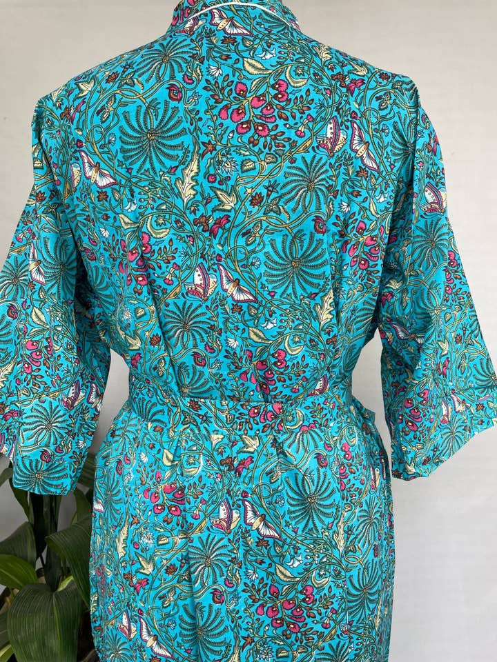 The Eastern Loom - Wholesale Kimono - Women's - Boho House Robe Summer Kimono Pure Cotton Aqua Hue Butterfly