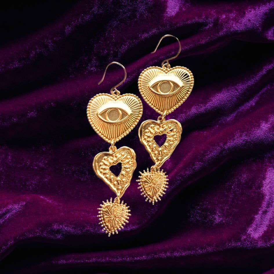 Dreamers of Dreams - Wholesale Dangle Earrings - Gold Eye Heart Statement Earrings1
