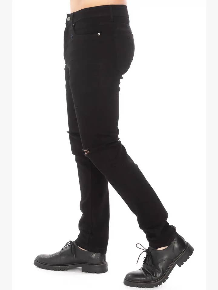 Black MEN'S KNEE RIP SLIM TAPPER DENIM JEANS HB-2100 for wholesale on Faire1