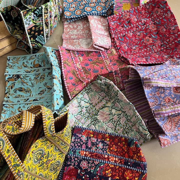 Meghcraft - Wholesale Tote Bag - Women's - Floral Cotton Quilted Block Print Tote Bag-Beach Bag totes