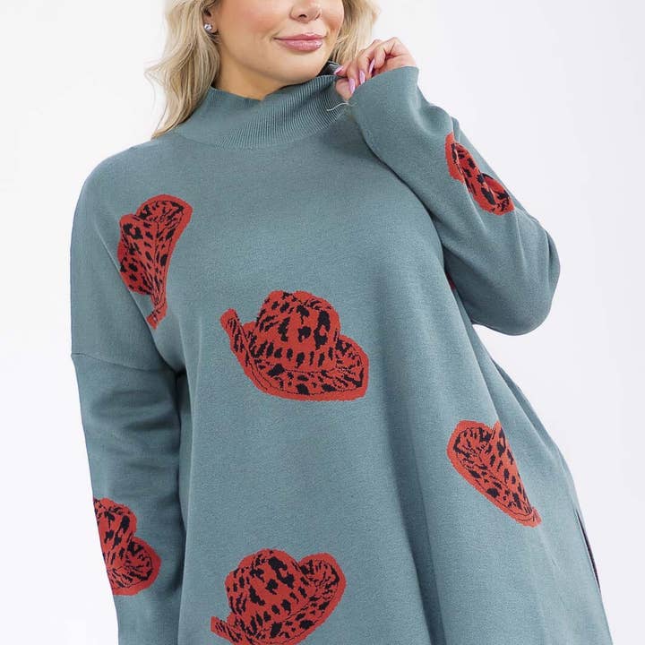 T21092P- Plus size cowboy hat print mock neck sweater for wholesale by IWT Brands