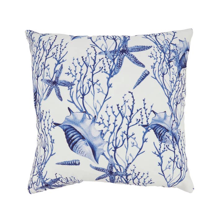 Blue Coastal Sea Shell and Coral Outdoor Pillow with Poly Fill for wholesale on Faire