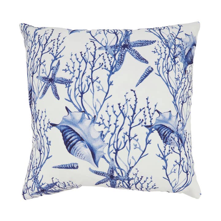 Blue Coastal Sea Shell and Coral Outdoor Pillow with Poly Fill for wholesale on Faire0