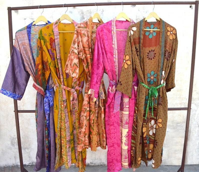 Bhawana Handicrafts - Wholesale Robe - Women's - 5 Piece Handmade Long Silk Floral Kimono Robes Vintage Set3