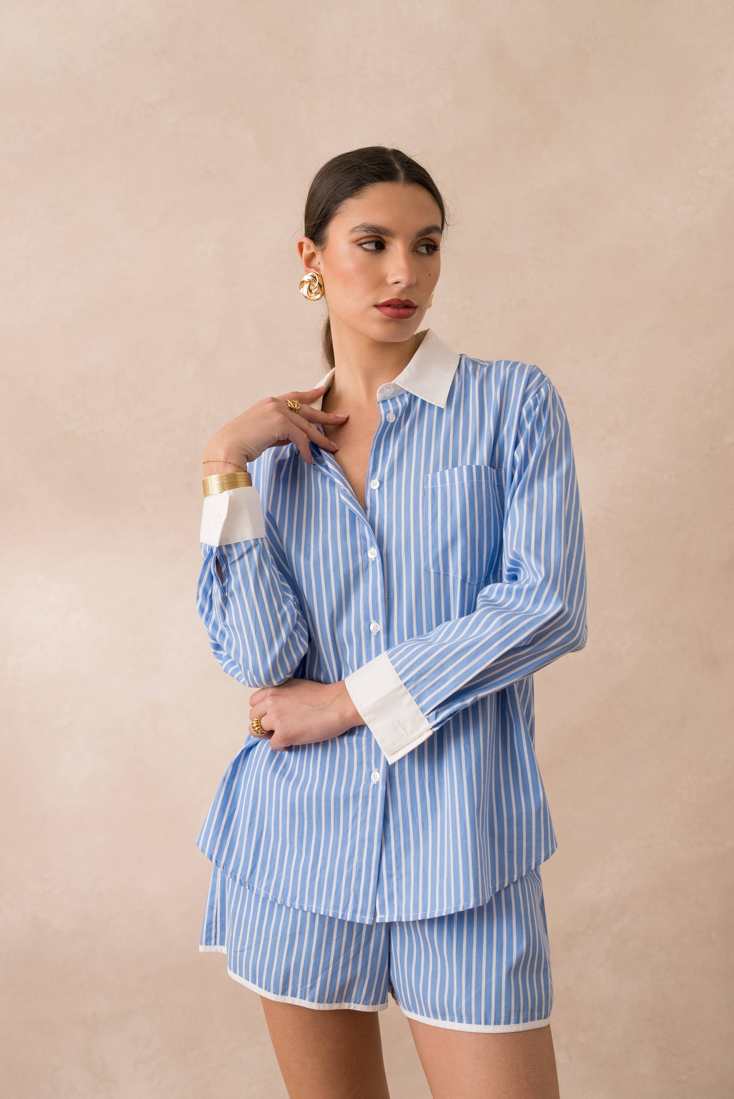 Attentif Paris - Wholesale Button Down Shirt - Women's - Striped cotton shirt with white collar and sleeves10