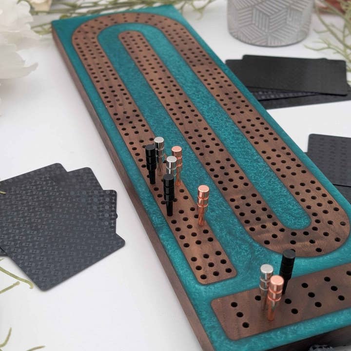 Reverse Pour Emerald Resin Premium Cribbage Board - Three Lane Cribbage Board for wholesale by EBONWOOD