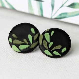 Black Stud Earrings with Green Mosaic, Polymer Clay Studs for wholesale by Studio Niani