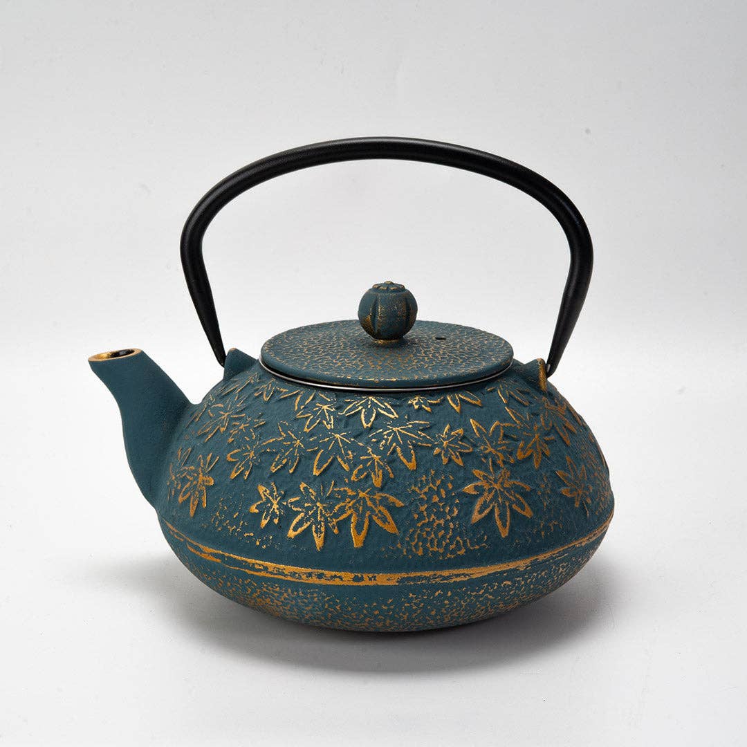Urban Tokyo - Wholesale Tea Pot - Turquoise Maple Leaves Momiji Design 40oz Cast Iron Tea Pot (1/8)3