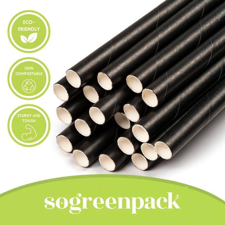Sogreenpack - Vendita all'ingrosso Cannuccia - Cannucce di Carta Nera 7,75" Ecologiche Biodegradabili 1000 Pezzi