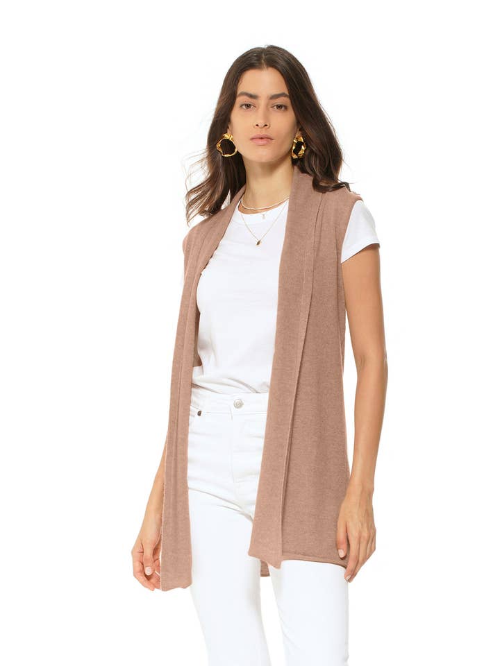 Women's Pure Cashmere Sleeveless Cardigan Camel for wholesale by Monticelli Cashmere