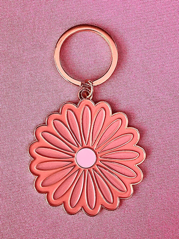 Daisy Flower Pink, Soft Enamel Gold Metal Keychain, 2x2" for wholesale by LAZYBOYPRINTS