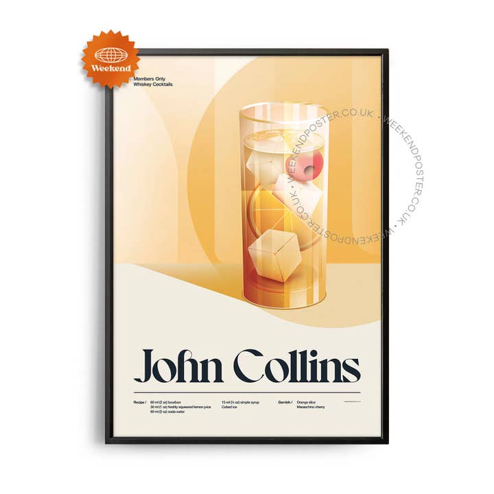Affiche de cocktail John Collins rétro des années 50 pour la vente par Weekend Concept