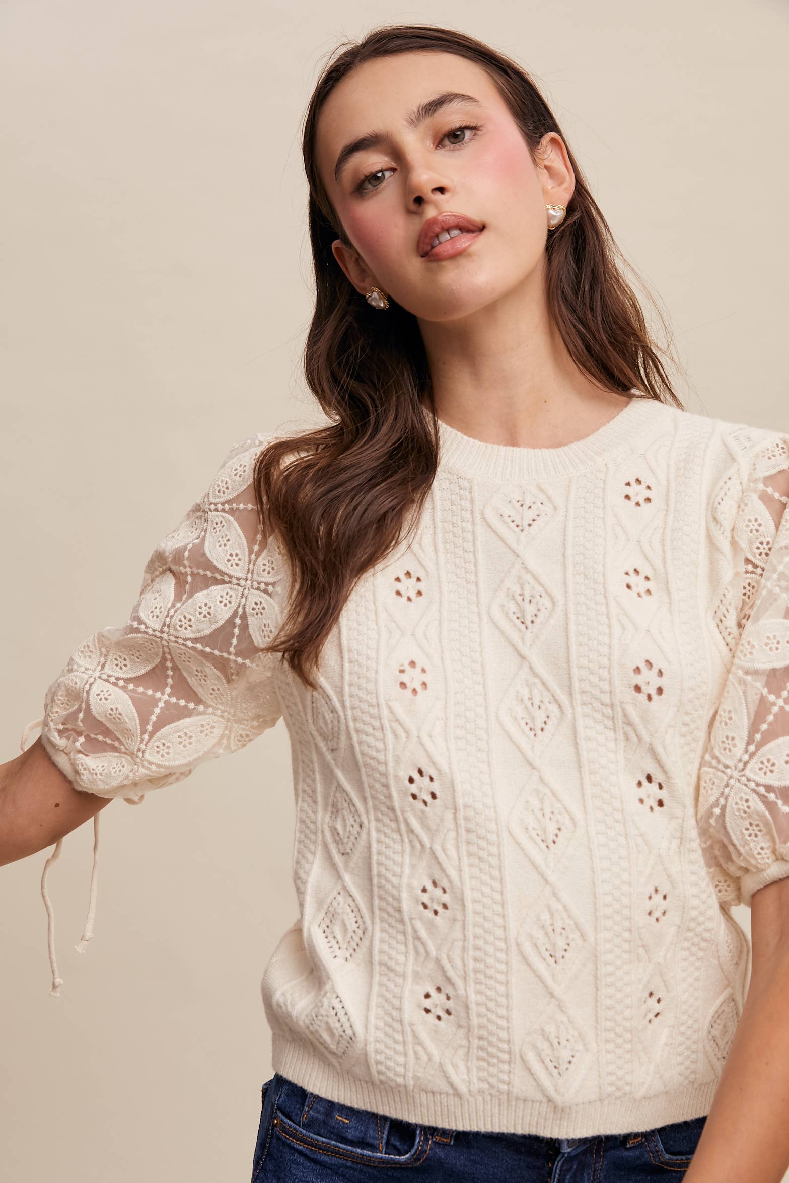 Listicle – Pulôver - Mulher por atacado – Top de Malha com Mangas Bufantes e Ilhós13